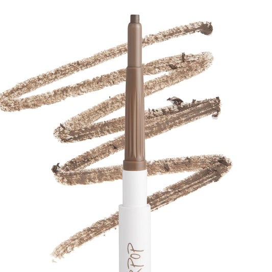 ColourPop Dope Taupe Pencil brow pencil depositing soft taupe pigment with a twist-up tip, shown with zigzag swatches on a white background for precise, natural eyebrow definition.