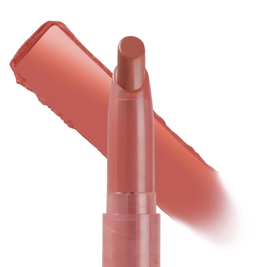 Brink, a ColourPop Lippie Stix, stands with its angled tip exposed while a creamy warm terracotta‑nude swatch sweeps behind, shown close-up on a white background to showcase the slim twist-up lipstick tube.