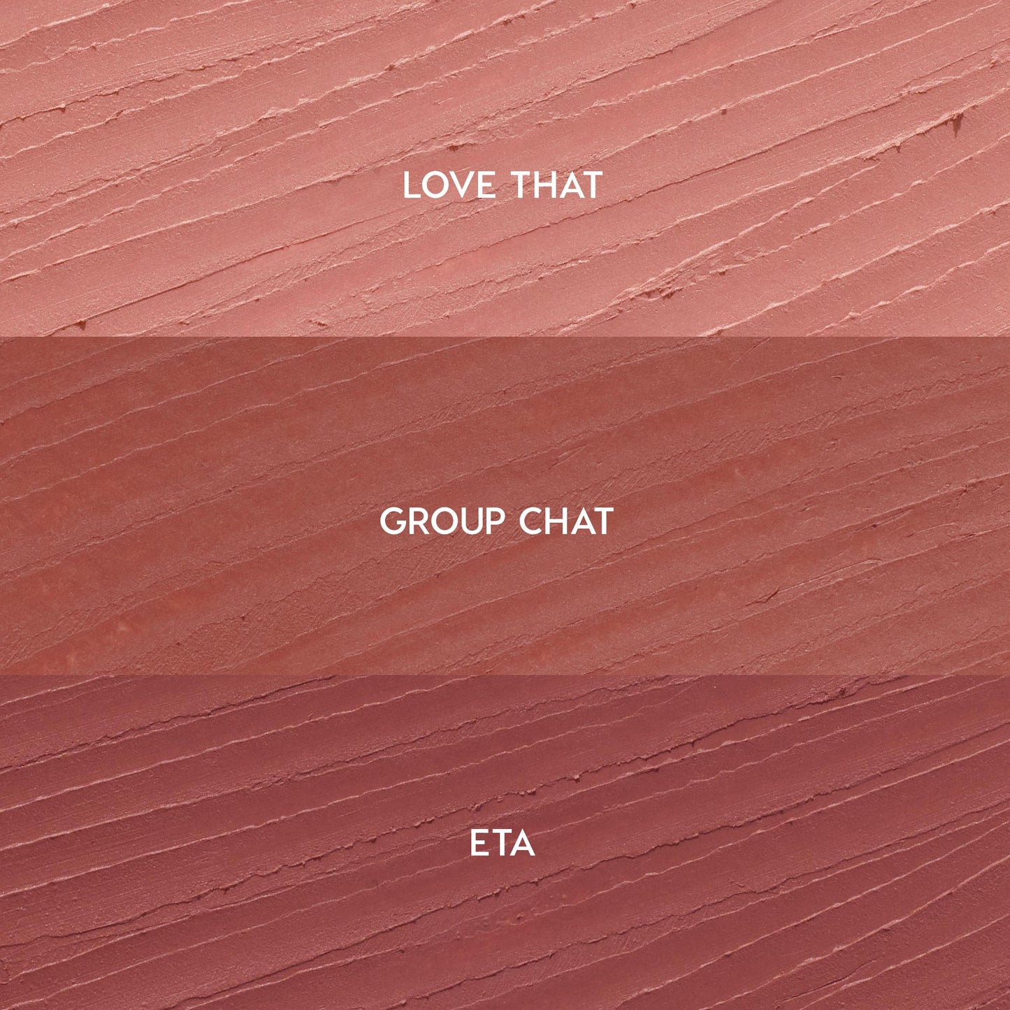 Creamy lip liner swatches show three shades for the Lips Don’t Lie ColourPop So Juicy Plumping Lip Liner Set - Love That (soft pink nude), Group Chat (warm rose), and ETA (mauve) - streaked in horizontal bands on a textured background.