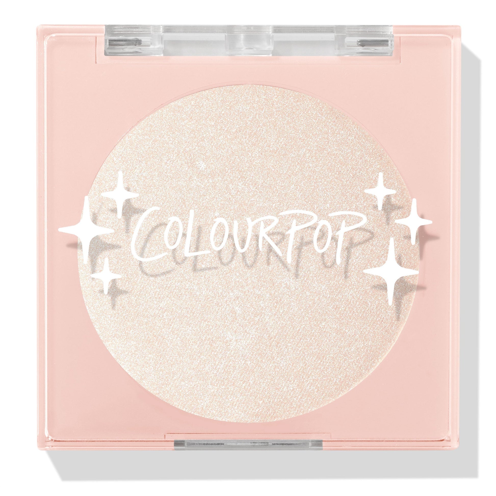 Cold One highlighter compact showcasing a shimmering icy pearl pan behind a clear lid with white sparkle icons and ColourPop logo, closed in a blush‑pink square case on a white background; ColourPop Pressed Powder Highlighter.