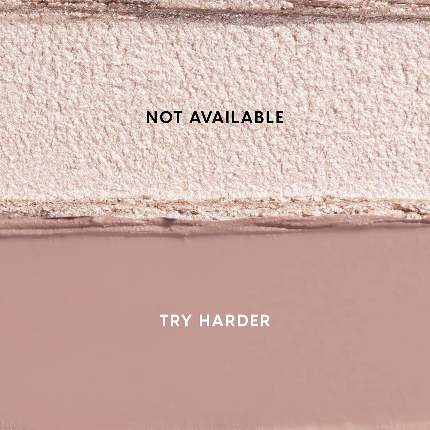 Two Heart to Get For Your Eyes Only Shadow Stix swatches laid side by side, showing a shimmery champagne shade labeled NOT AVAILABLE above a matte mauve shade labeled TRY HARDER on a clean studio background.