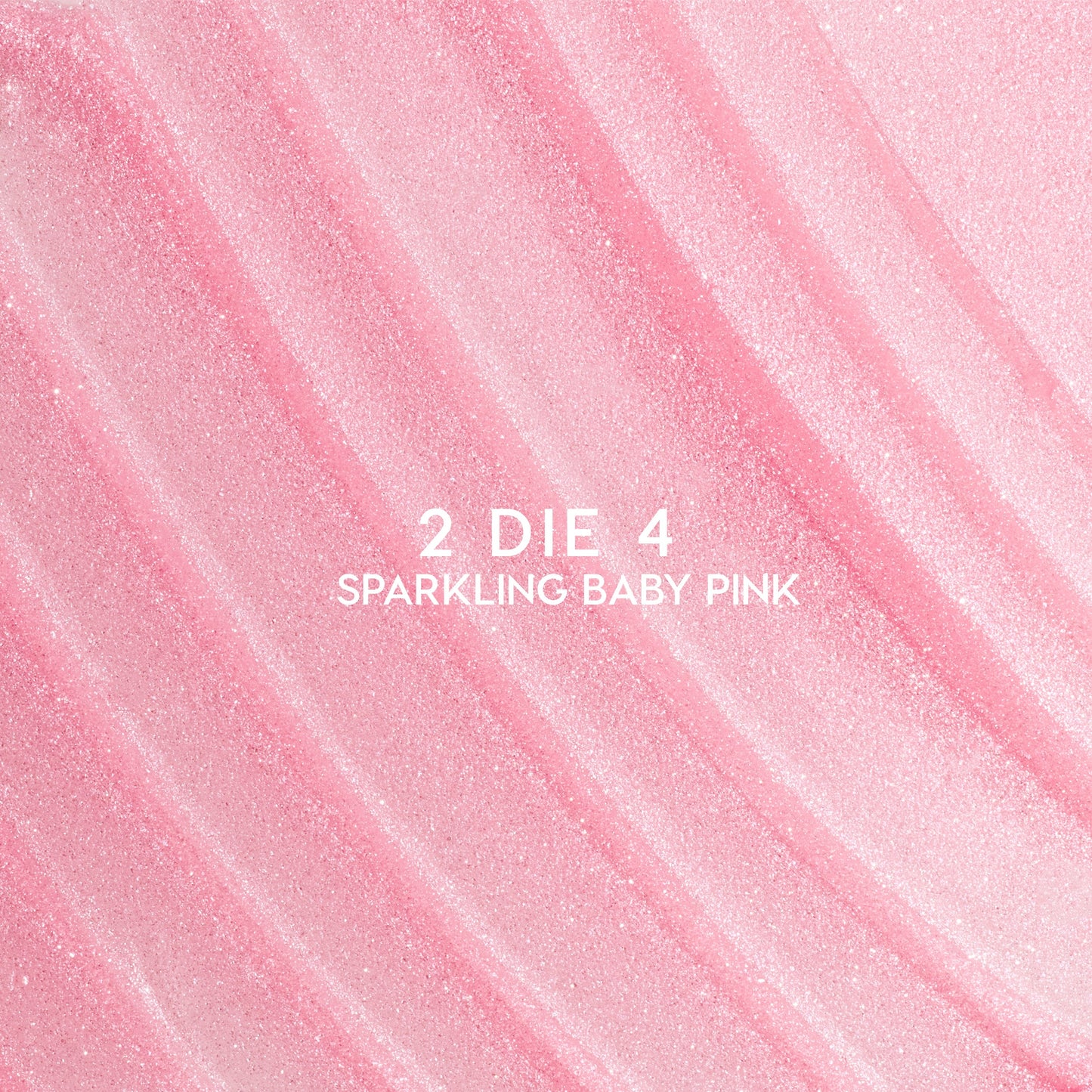 Heart to Get 2 Die 4 ultra glossy lip swatch showing sparkling baby pink shimmer in diagonal, textured streaks against a smooth pastel background, highlighting the high-shine, glittery finish for US makeup lovers.