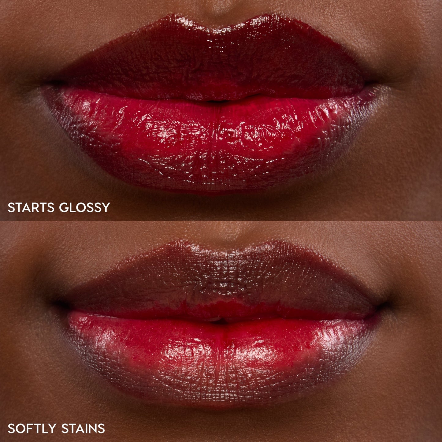 Fruit Punch ColourPop Lip Stain coating lips in a split macro swatch - top labeled Glossy shows a full-coverage, high-shine red, while bottom labeled Stain shows a sheer cherry tint after wear, highlighting shade payoff and finish comparison.