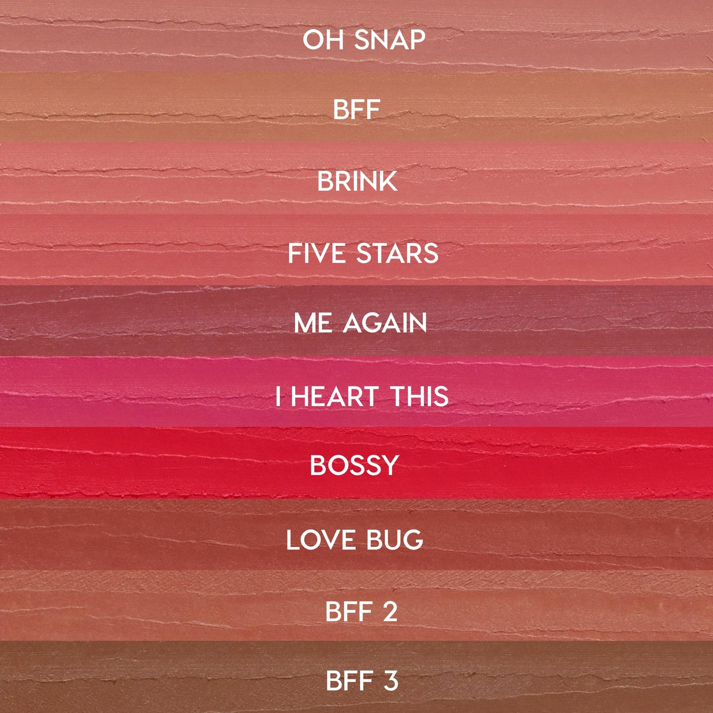 ColourPop Lippie Pencil swatches from The Lil Box of Lippie Pencils displayed in horizontal stripes - nudes to pinks and reds - labeled: Oh Snap, BFF, Brink, Five Stars, Me Again, I Heart This, Bossy, Love Bug, BFF 2, BFF 3.