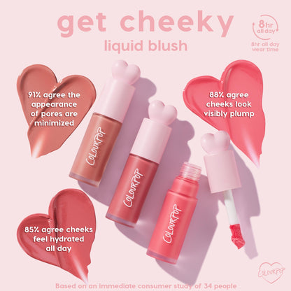 THX ColourPop Liquid Blush tubes with pink heart-shaped caps and a doe-foot applicator shown in three rosy shades, swatched as hearts; highlights 8-hour wear with claims of minimized pores, plumper, hydrated cheeks from a 34-person study.