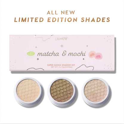 ColourPop Matcha and Mochi Super Shock Shadow kit showing three open shimmer eyeshadow pots in honeycomb-pressed pans beneath a pastel pink box with matcha and mochi illustrations and “All New Limited Edition Shades” text on a white background.