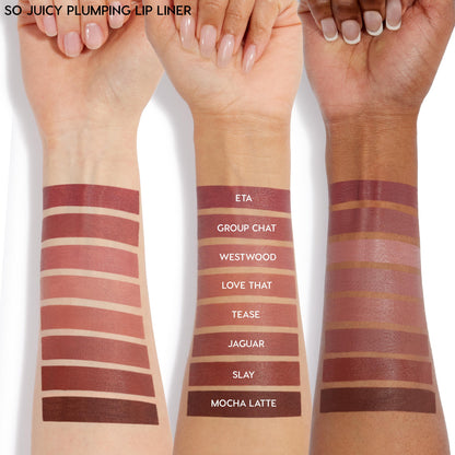 Slay shade of the ColourPop So Juicy Plumping Lip Liner with Peptides swatched on three arms (light, medium, deep), a rich rosy-brown with a creamy satin finish, shown between Jaguar and Mocha Latte in the full shade lineup.