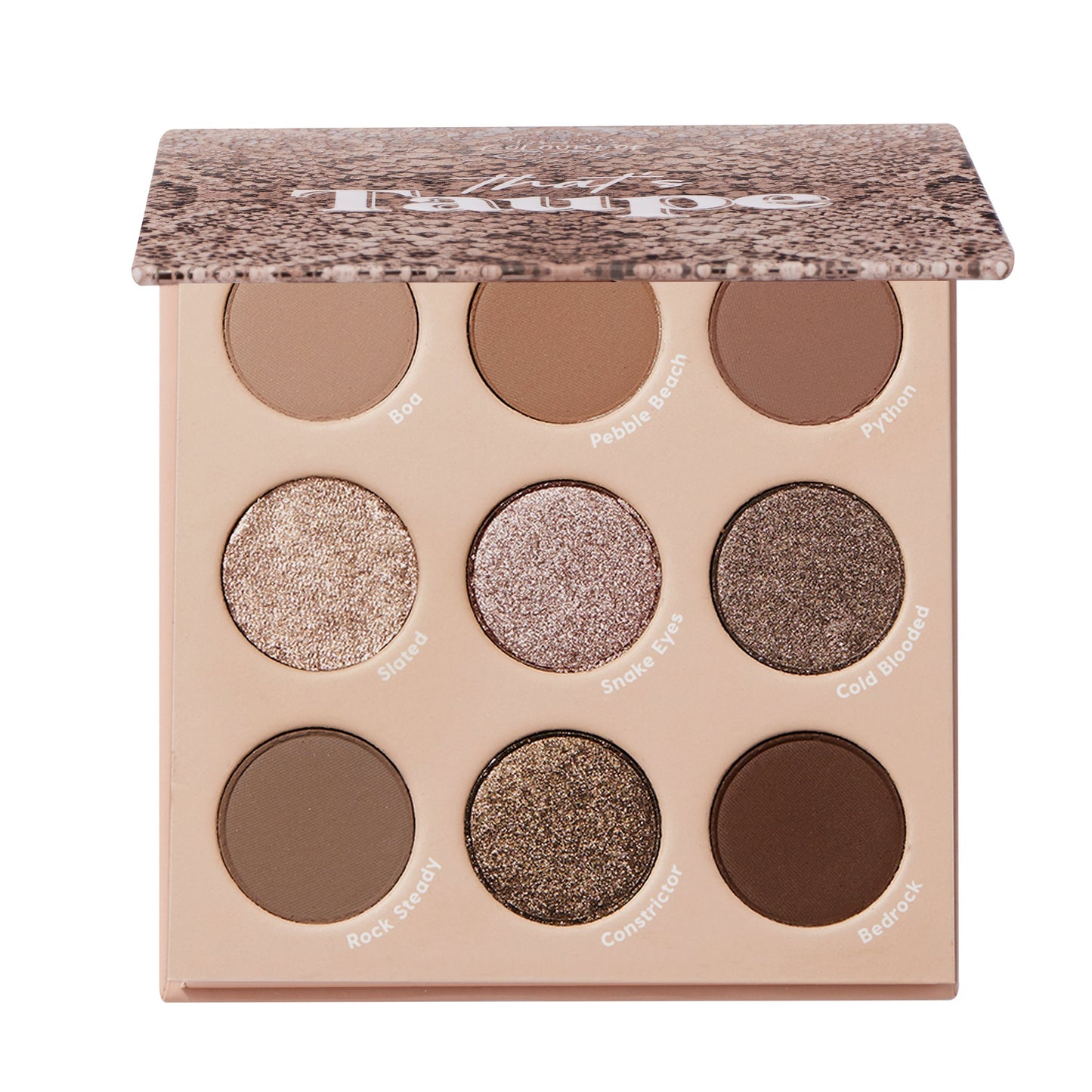 ColourPop Shadow Palette That’s Taupe displayed half-open, revealing nine cool-toned taupe neutrals - matte and metallic - labeled Boa, Pebble Beach, Python, Slated, Snake Eyes, Cold Blooded, Rock Steady, Constrictor, Bedrock in a beige case with a snakeskin lid.