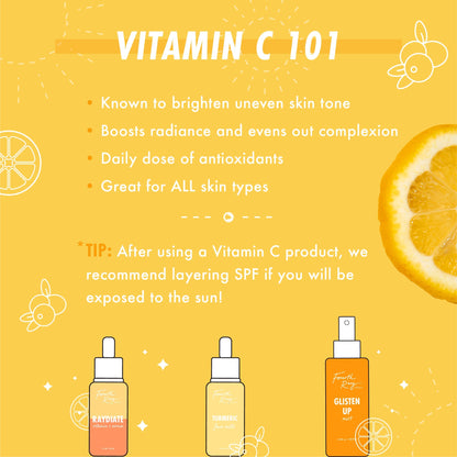 RAYdiate Vitamin C Serum face serum dropper bottle is showcased on a sunny citrus infographic with a lemon slice, highlighting brightening and antioxidant benefits beside Turmeric Face Milk and Glisten Up Mist - a ColourPop Face Serum by Fourth Ray Beauty.